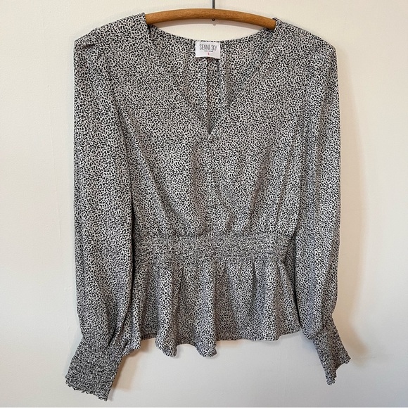 Sienna Sky Peplum Top Size Small Womens Black Cream Animal Print - Picture 9 of 14